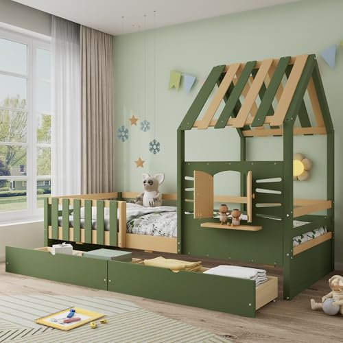 Gelukueub 3ft Single Wooden Bed, Children's Cabin Bed, MDF + Pinewood + Plywood, Two Storage Drawers, Imitation Roof Shape with a Window, 90×190cm, Green + Natural