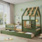 Gelukueub 3ft Single Wooden Bed, Children's Cabin Bed, MDF + Pinewood + Plywood, Two Storage Drawers, Imitation Roof Shape with a Window, 90×190cm, Green + Natural