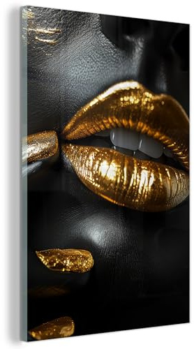 MuchoWow© Wandbilder Glas Schlafzimmer Home Deko Wohnung Bild Wohnzimmer | 80x120 cm - Wand Glasbilder Leinwand Wall Decor Gold - Lippen - Porträt - Abstrakt - Luxus