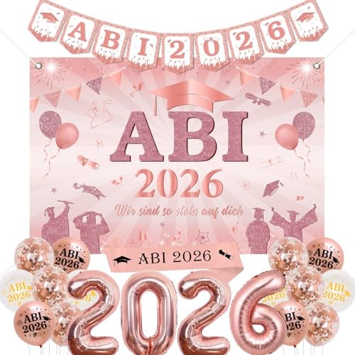 Funmemoir ABI 2026 Deko Roségold - ABI 2026 Hintergrund, Banner, Schärpe, Bedruckte Luftballons, Folienballons für Mädchen Frauen Abitur Abschlussfeier Abschluss Prüfung Bestanden Dekoration