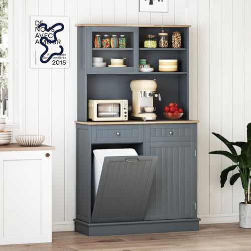 COSTWAY Küchenschrank, Kommode Holz Küche, für 45 L Mülleimer, Grau | Buffetschrank mit Arbeitsplatte, 2 Schubladen, verstellbaren Einlegeböden, Hochschrank für Mikrowelle, 100 x 34 x 172 cm