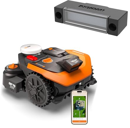 WORX Vision Cloud 2WD WR308E Robot Tondeuse 800 m² sans Fil périphérique + Phares LED (évitement d'obstacles par IA, Navigation VSLAM + RTK, cartographie Auto, contrôle Via app, Cut-to-Zero)