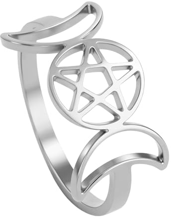 Flongo Dreifache Mondgöttin Ring für Damen – Edelstahl Pentagramm Schutzring mit Wicca Hexenknoten Symbol – Pagan Schmuck Gold – Spirituelles Geschenk für Wicca‑ und Mystik‑Liebhaberinnen - Größe 54