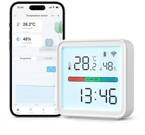 Termómetro Higrómetro WiFi Inteligente con Pantalla LED y Alertas en la App | Sensor de Temperatura y Humedad Interiores, Exportación de Datos, Compatible con Alexa, para el Hogar, Invernadero y Jardín