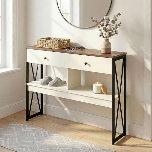 Manora Table Console de Style Industriel et Rustique avec 2 tiroirs et étagère, Cadre métal en Forme de X, Table d’entrée Blanc et Marron pour Salon, Couloir, entrée