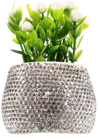 VINTORKY Hochzeitsauto Deko Niedlicher Auto Blumentopf mit Strass Weiße Kunststoff Blume für Armaturenbrett Elegant für Auto Zuhause und Büro