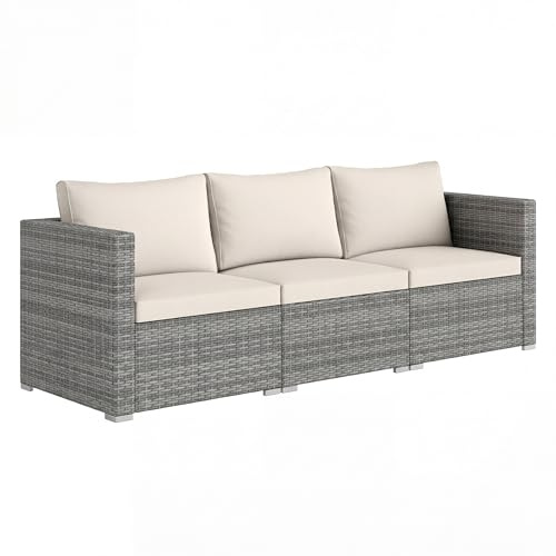 LIFEZEAL Divano da Giardino 3 Posti in Rattan PE, Divano da Esterno con Cuscini Inclusi, Salotto da Giardino Componibile Modulare per Terrazzo, Balcone e Cortile, 193 x 67 x 61,5 cm (Beige)