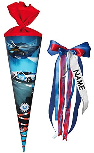 alles-meine.de GmbH Schultüte - Polizei & Helikopter - 85 cm - eckig - incl. individueller großer Schleife - mit Namen - Tüllabschluß - Zuckertüte - mit/ohne Kunststoff S..