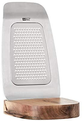 AdHoc GRANA Fine Cheese Grater, Premium Zester/Grater Ideal for Parmesan Cheese/Lemons/Nutmug/Ginger, Stainless Steel/Acacia Wood, Wooden Stand, (H) 170 mm x (W) 95 mm, Silver/Brown
