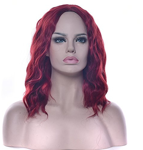 Fouriding Perücke kurz lockige Welle Frauen Bob Haare Perücken für Damen Halloween Cosplay Party Anime Fasching Kostüm (Wein Rot)