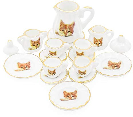 Odoria Miniature 1/12 Service a Thé en Porcelaine Accessoire Maison de Poupée, Chat