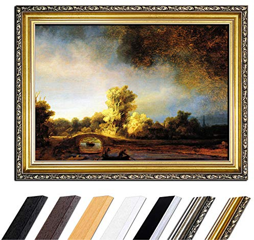 Bild mit Rahmen - Rembrandt Landschaft mit Steinbrücke 50x40 cm - Gerahmtes Leinwandbild Alte Meister - Antiker Rahmen Gold Barock, Klassisch
