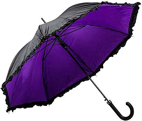 LUCKYWEATHER Regenschirm Stockschirm Damen Rüschenschirm schwarz/violett Auf-Automatik Double Layer I Stockregenschirm groß und stabil sowie hochwertig verarbeitet I Regenschirme mit UV-Schutz