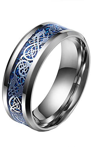PAMTIER Herren Damen Drachen Ring Edelstahl Kohlefaser Keltischer Drachen Muster Ehering Ring Silber Dargon Blau Silber Größe 62 (19.7)
