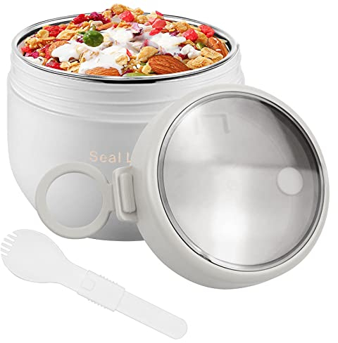 bainuote Muesli To-Go Cup 600ml Muesli Cup Yaourt Cup Pot de Yaourt étanche Salade To-Go Cup Acier Inoxydable Lunch Box Lunch Pot to go & Pliant Cuillère Pour Chaque Petit Déjeuner - Blanc
