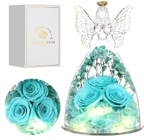 Faneeyo Engel Geschenke für Frauen, DREI Konservierte Blume Rosen in Glas Engel Geburtstagsgeschenk für Sie, Engel Rose Figuren Geschenk für Valentinstag Muttertag Weihnachten.AquaBlau