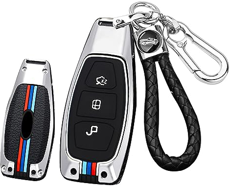 ontto Metall Schlüsselhülle Autoschlüssel Hülle Schutzhülle Cover Passt für Ford Kuga Focus Mk3 Mk4 Mondeo Fiesta Titanium Ecosport Transit MK8 Schlüsselbox Schlüsselanhänger 3 Taste-A Silber