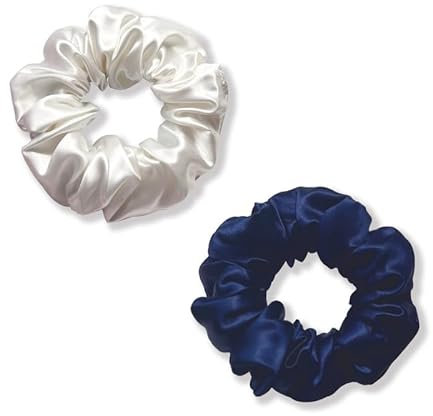 townssilk Seidenhaarschlaufe,100% reine Maulbeerseide, 22 Momme,haarschonend,luxuriös,federnd,Haargummis.2 Stück Naturalwhite Navyblue