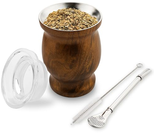 binsakao Yerba Mate - Juego de tazas de acero inoxidable de doble pared con pajita de Yerba Mate, cepillo de limpieza y tapa, 8.4 onzas (madera)