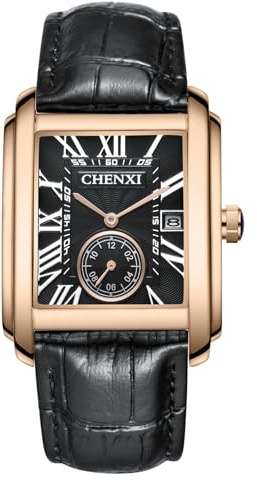JewelryWe Uhren Herren Echtleder Rechteckig: Datum Kalender 30m wasserdichte Analog Quarz Armbanduhr Männer Leder Armband Uhr mit Rosegold Gehäuse und Schwarz Römischen Ziffern Zifferblatt