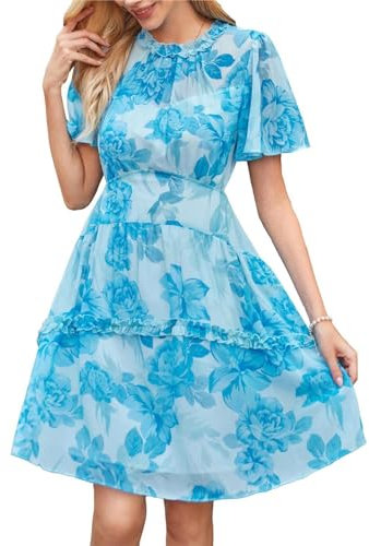 Kate Kasin Ladies High Waist A Hem Casual Round Neck Dress Short Sleeve Dress Blue S
