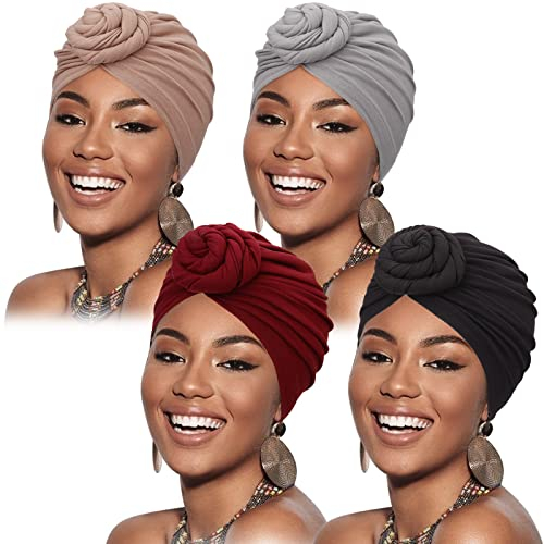 DRESHOW 4 Stücke Afrikanischen Turban für Damen Soft Vorgebunden Knot Mode Plissee Turban Hut Mütze Kopfwickel Schlafmütze