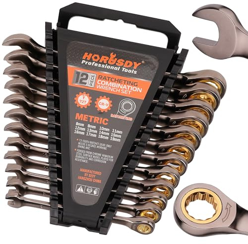 HORUSDY 12-Piece Metric Ratcheting Wrench Set | 8-19 mm | Ratchet Combination Wrenches Set with Organizer | 72-Teeth | Chrome Vanadium Steel