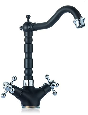 Küchenarmatur Retro 24,3cm Hoch Wasserarmatur Wasserhahn Schwarz Spültischarmatur Waschbecken Mischbatterie Zwei Griffe Amatur Küchenspüle, Wasserhähne für Waschbecken mit Keramikventil