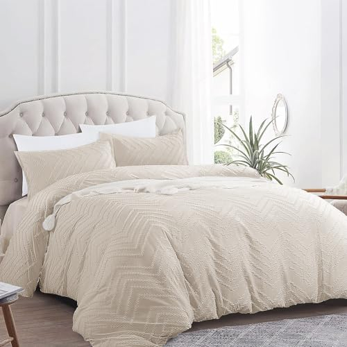 Nyescasa Boho Bettwäsche 135x200 2 Teilig Beige Getuftet Wellen Bettwäsche-Set Stickerei Shabby Chic Wendebettwäsche Weiche Mikrofaser Bettbezug mit Reißverschluss und Kissenbezug 80x80cm
