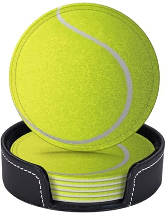 Tennis Ball Coasters for Drinks with Holder Round Leather Coasters Set of 6 Cups Mugs Mat Pad for Home Kitchen Bar