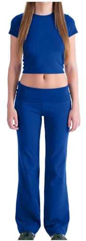 Sexy Outfits für Damen, 2-teiliges Outfit, langärmelig, Rundhalsausschnitt, eng anliegend, bauchfreies Top, ausgestellte Hose, Lounge-Set, Yoga-Trainingsanzug, Y2K-Outfits, blau, 42