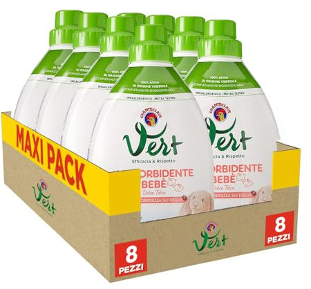 Vert di Chanteclair - Ammorbidente Bebè Dolce Talco - Ipoallergenico, Metal tested, 100% Attivi di Origine Vegetale, Extra Morbidezza sui Tessuti, 45 Lavaggi - 900 ml x 8