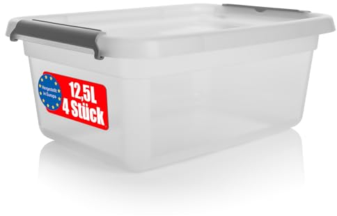 BigDean 4 Stück 12,5 L Aufbewahrungsbox mit Deckel transparent – stapelbare robuste Aufbewahrungsbox – Aufbewahrungsboxen mit Klickverschluss