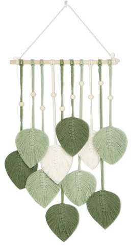 FIHODONE Makramee Wandbehang Boho Style, Fensterdeko Hängend 90 * 40CM, Wandteppich Boho Deko Grün, Blatt Feder Wanddeko für Kinderzimmer Deko Wanddeko Wohnzimmer