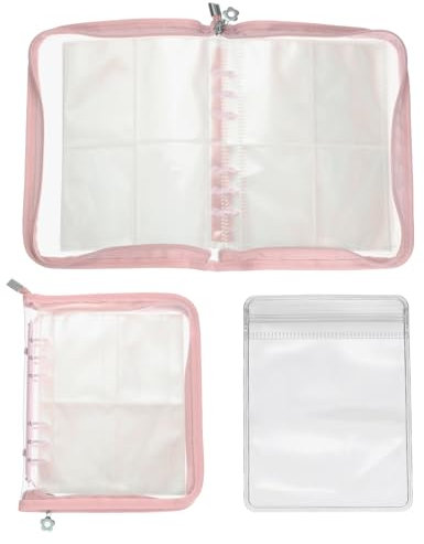 sourcing map 1 Set Transparent Earring Organizer Book Clear Travel Jewelry Earring Organizer with Pocket for Necklace Bracelet Ring Holder with Small Pink Zippered Pouch Holder