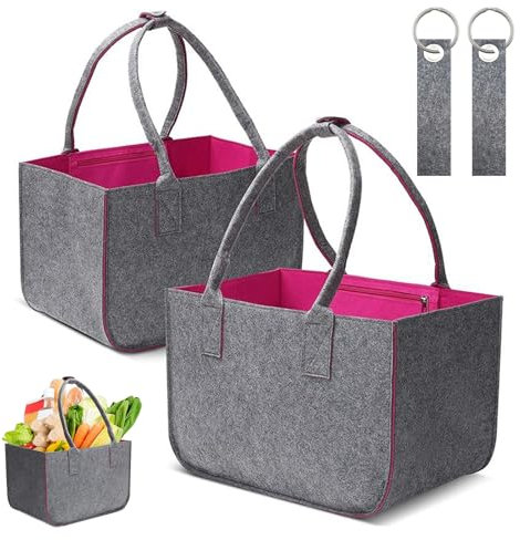 2 Stück Filztasche Einkaufskorb,Filztaschen Shopping Bag, Einkaufstasche mit Henkel,Filz Einkaufskorb Faltbar 40x27x27cm, Filztasche Shopper für Einkaufen,Trips,Picknick, Dunkelgrau/Lila