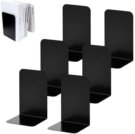 Kongming Buchstütze Metall Schwarz, 6 Stück L Buchstützen aus Metall, Bookend mit Rutschfesten Gummiauflagen, Bücherstützen für Regal Schule Zuhause Büro Bibliothek 21x13.5x9cm