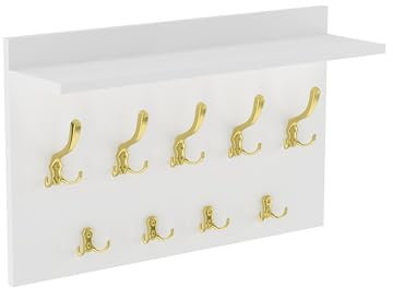 HWS FURNITURE Wandgarderobe Weiß mit 9 Golden Haken, Wandregal, Wandmontierte Garderobe für Flur, Schlafzimmer, Büro, Loft-Stil