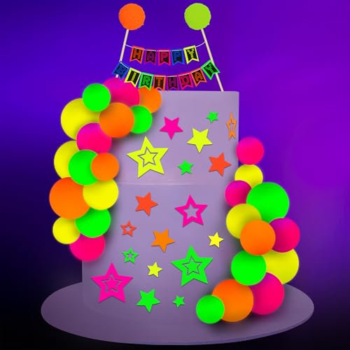 Fairooth 55 Pcs Glow Neon Star Birthday Party Decorations: Happy Birthday Cake Topper, Star Cupcake Toppers, Neon Ball Hollow Solid Toppers in Neon, Multicolor