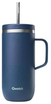 QWETCH - Cold Cup 600ml avec Poignée et Paille - 24h Glacé & 12h Froid - Bleu Nuit - Gourde Isotherme en Inox, Sans BPA, Tasse Thermo Café