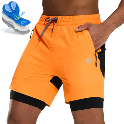 Nepest Mountainbike Hose Herren Kurz MTB Shorts Gepolstert mit Tasche Fahrradhose Atmungsaktiv Orange/Schwarz,XL