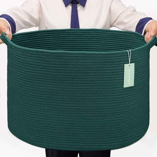 BOSROTY Extra Large Blanket Basket 87L, Laundry Hamper, Baby Nursery Hamper for Storage Toys Clothes Towels, Large Cotton Rope Laundry Basket for Girls Boys, 55 x 35 CM, Dark Green