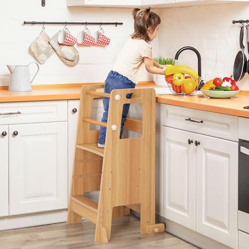 LUE BONA Lernturm für ab 1 Jahr,Kinderküchen Tritthocker mit Sicherheitsschienen,höhenverstellbarer Lernturm mit Sicherheitsschiene für Bad,Kinderzimmer, Küchentisch,Schlafzimmer,Dunkel Natürlich