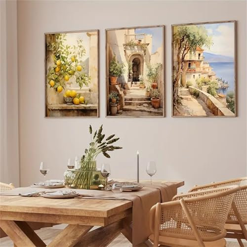 Uixxducc Moderne Poster 3er Set Italien Zitrone Vintage Bilder Wohnzimmer Deko Schlafzimmer Wandbilder ohne Rahmen Kunstdruck Leinwandbild Premium (40×50 cm)