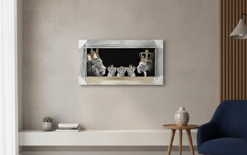 Biznest 3D Liquid Glitter Art Work Mirrored Frame Lion Royal Family Golden Crown Diamante Wall Hung Glass King Queen Cubs Black Gold Landscape 85 X 45 Cm (KING & QUEEN WITH 2X BOYS 1X GIRL)