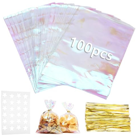 100 Stück Plastik Cellophantüten Kekstüten Transparent, Bunte Geschenktüten durchsichtig mit Goldband & Sternensticker Süßigkeiten Tüten Geschenkverpackung für Party Hochzeit DIY Kindergeburtstag