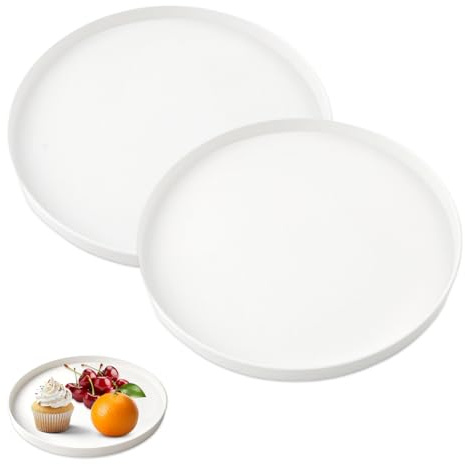 Luckwaii Round Tray Decorative 30 cm with 3 Raised Edges, 2 Pcs Plastic Food Serving Trays Display Candle Plate for Home Kitchen and Bathroom Coffee Table Decor (White)