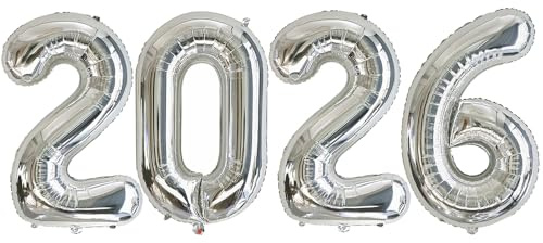Ponmoo 40 Zoll Foil Luftballons 2026 Silber, 101cm, Aufgeblasen mit Helium oder Luft, Riesige Folienballons 2026, Großer Ballon für Neujahrsparty Dekoration