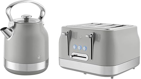 Swan Retro Kitchen Set, 1.7L Rapid Boil Kettle with 360 Degree Base, 3000W, and 4 Slice Toaster with 7 Browning Levels, 1860W, Grey, SK14631GRY & ST19029GRY