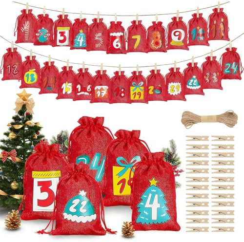 Adventskalender Weihnachten – 24 Tage wiederverwendbare Weihnachtsdekoration – Süßigkeitenbeutel mit Zahlen | Für Süßigkeiten Schokolade Schmuck Spielzeug Snacks Familie Freunde